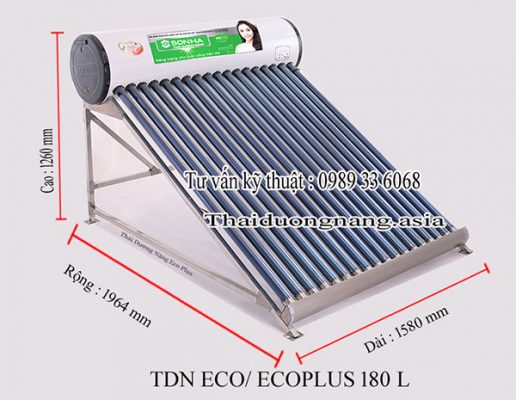 Kích thước sản phẩm Thái Dương Năng Eco Plus 180 lít