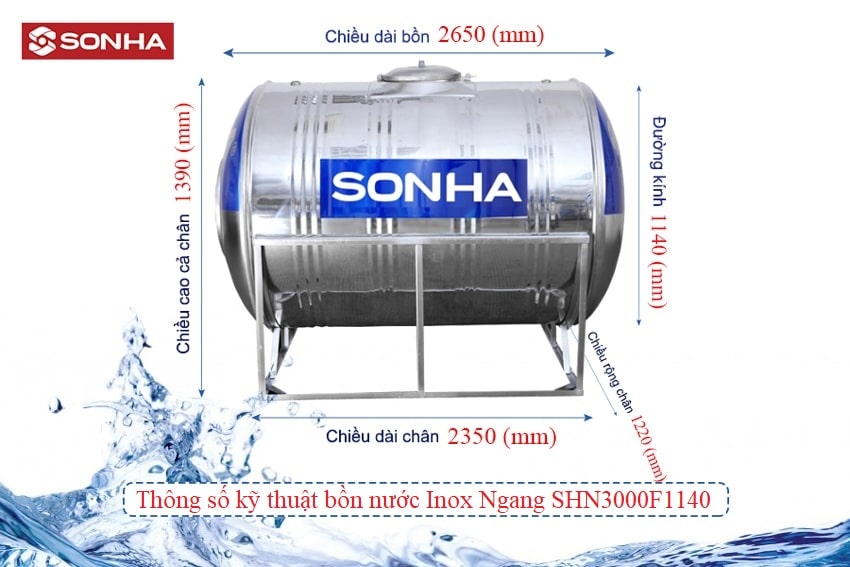 Thông số kỹ thuật Bồn nước Sơn Hà 3000L Ngang (SHN3000F1140)